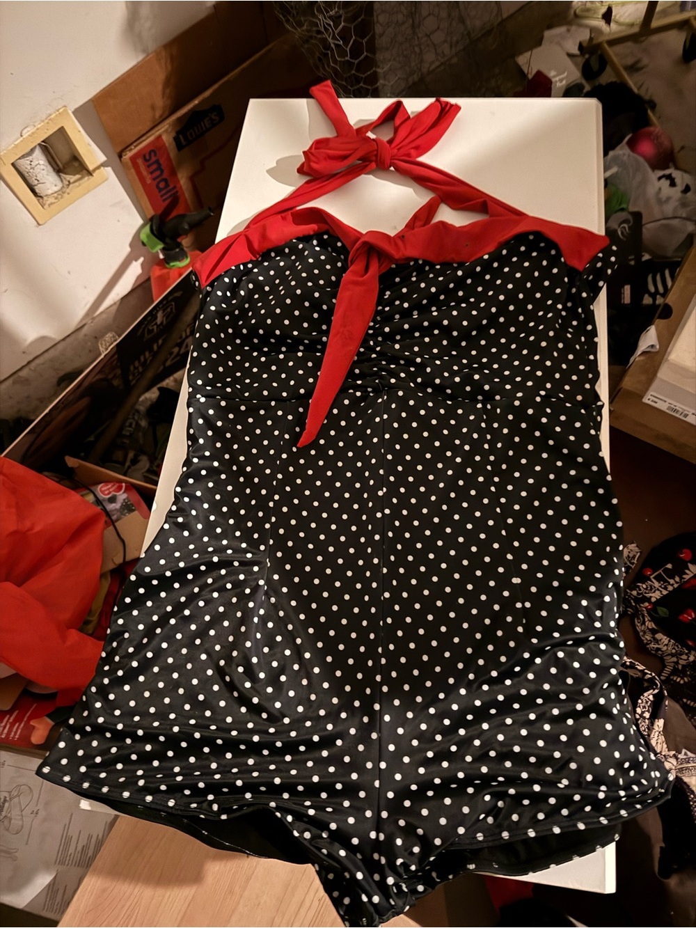 Polka Dot Halter One-Piece Swimdress with Red Trim